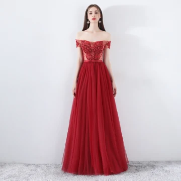 Moderne Mode Bordeaux Robe De Soirée 2019 Princesse De L Épaule Manches Courtes Appliques En Dentelle Perlage Noeud Ceinture Longue Volants Dos Nu Robe De Ceremonie