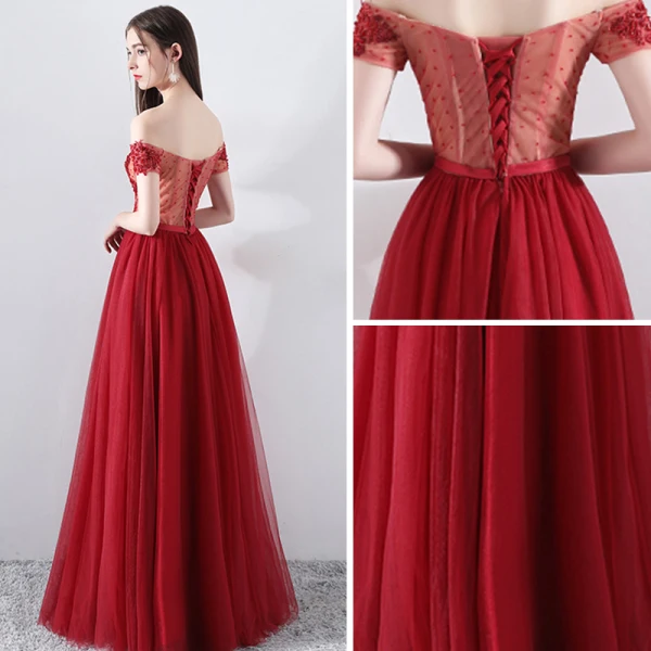 Modern / Fashion Burgundy Evening Dresses  2019 A-Line / Princess Off-The-Shoulder Short Sleeve Appliques Lace Beading Bow Sash Floor-Length / Long Ruffle Backless Formal Dresses
