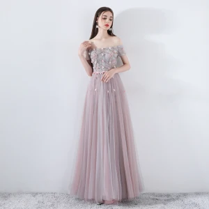 Élégant Perle Rose Robe De Bal 2019 Princesse De L 039 Épaule Manches Courtes Appliques Fleur Perle Perlage Longue Volants Dos Nu Robe De Ceremonie