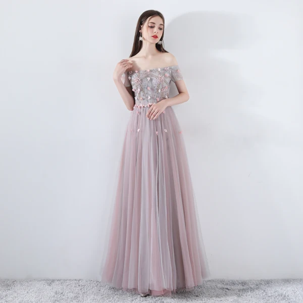 Elegant Pearl Pink Prom Dresses 2019 A-Line / Princess Off-The-Shoulder Short Sleeve Appliques Flower Pearl Beading Floor-Length / Long Ruffle Backless Formal Dresses