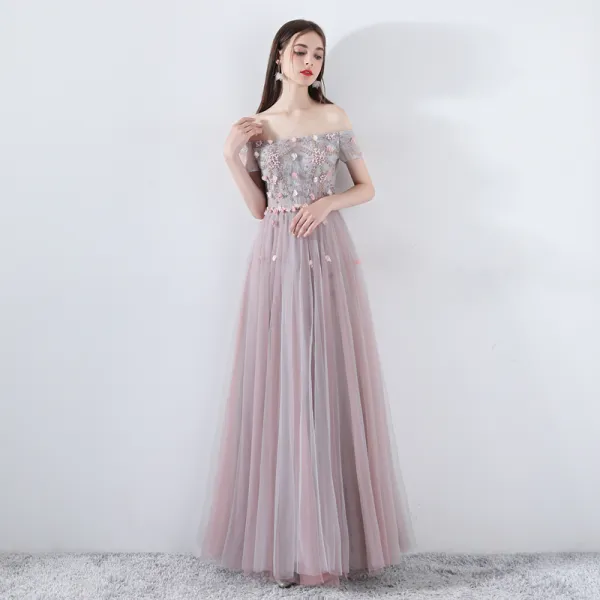 Elegant Pearl Pink Prom Dresses 2019 A-Line / Princess Off-The-Shoulder Short Sleeve Appliques Flower Pearl Beading Floor-Length / Long Ruffle Backless Formal Dresses