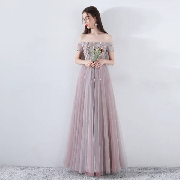 Elegant Pearl Pink Prom Dresses 2019 A-Line / Princess Off-The-Shoulder Short Sleeve Appliques Flower Pearl Beading Floor-Length / Long Ruffle Backless Formal Dresses