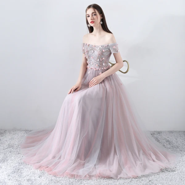Elegant Pearl Pink Prom Dresses 2019 A-Line / Princess Off-The-Shoulder Short Sleeve Appliques Flower Pearl Beading Floor-Length / Long Ruffle Backless Formal Dresses