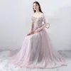 Elegant Pearl Pink Prom Dresses 2019 A-Line / Princess Off-The-Shoulder Short Sleeve Appliques Flower Pearl Beading Floor-Length / Long Ruffle Backless Formal Dresses