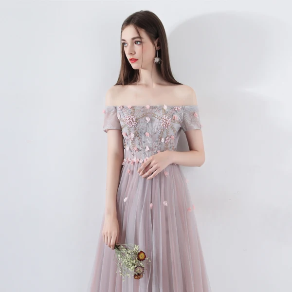 Elegant Pearl Pink Prom Dresses 2019 A-Line / Princess Off-The-Shoulder Short Sleeve Appliques Flower Pearl Beading Floor-Length / Long Ruffle Backless Formal Dresses