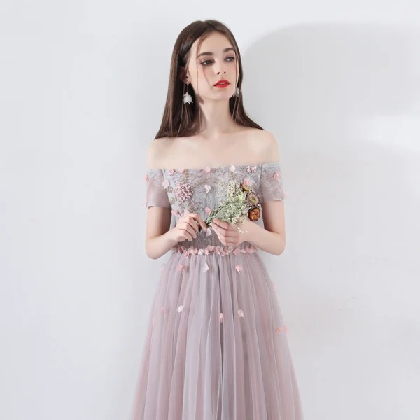 Elegant Pearl Pink Prom Dresses 2019 A-Line / Princess Off-The-Shoulder Short Sleeve Appliques Flower Pearl Beading Floor-Length / Long Ruffle Backless Formal Dresses