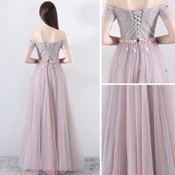 Elegant Pearl Pink Prom Dresses 2019 A-Line / Princess Off-The-Shoulder Short Sleeve Appliques Flower Pearl Beading Floor-Length / Long Ruffle Backless Formal Dresses