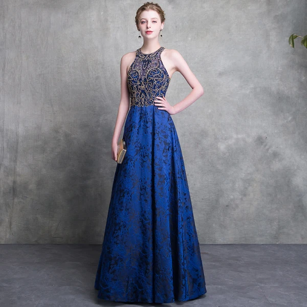 Luxury / Gorgeous Royal Blue Lace Evening Dresses 2018 A-Line / Princess Scoop Neck Strapless Sleeveless Beading Floor-Length / Long Backless Formal Dresses