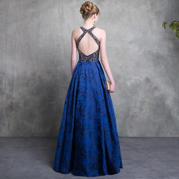 Luxury / Gorgeous Royal Blue Lace Evening Dresses 2018 A-Line / Princess Scoop Neck Strapless Sleeveless Beading Floor-Length / Long Backless Formal Dresses