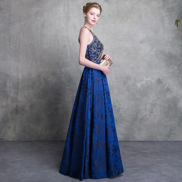 Luxury / Gorgeous Royal Blue Lace Evening Dresses 2018 A-Line / Princess Scoop Neck Strapless Sleeveless Beading Floor-Length / Long Backless Formal Dresses