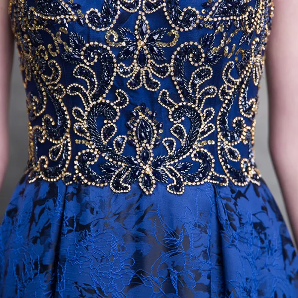 Luxury / Gorgeous Royal Blue Lace Evening Dresses 2018 A-Line / Princess Scoop Neck Strapless Sleeveless Beading Floor-Length / Long Backless Formal Dresses