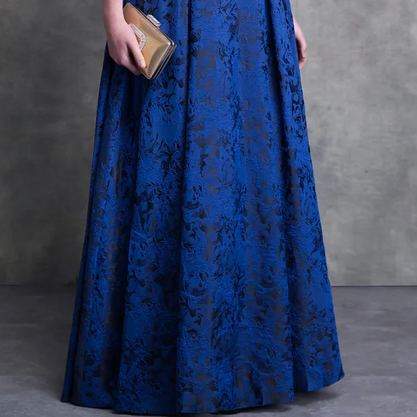 Luxury / Gorgeous Royal Blue Lace Evening Dresses 2018 A-Line / Princess Scoop Neck Strapless Sleeveless Beading Floor-Length / Long Backless Formal Dresses