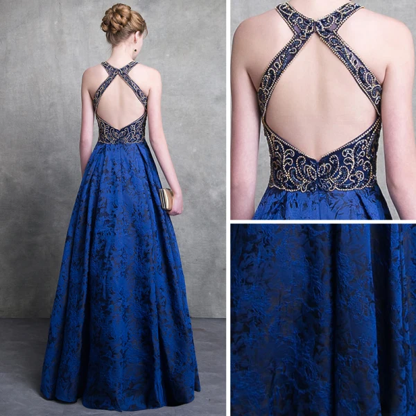 Luxury / Gorgeous Royal Blue Lace Evening Dresses 2018 A-Line / Princess Scoop Neck Strapless Sleeveless Beading Floor-Length / Long Backless Formal Dresses