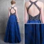 Luxury / Gorgeous Royal Blue Lace Evening Dresses  2018 A-Line / Princess Scoop Neck Strapless Sleeveless Beading Floor-Length / Long Backless Formal Dresses