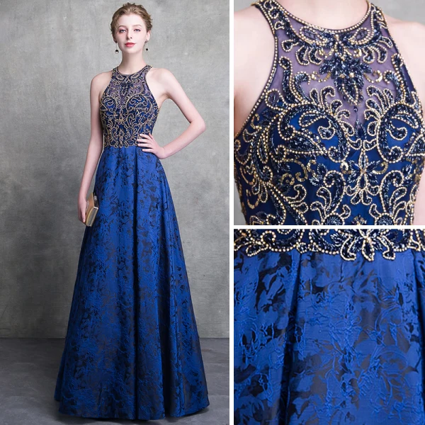 Luxury / Gorgeous Royal Blue Lace Evening Dresses 2018 A-Line / Princess Scoop Neck Strapless Sleeveless Beading Floor-Length / Long Backless Formal Dresses