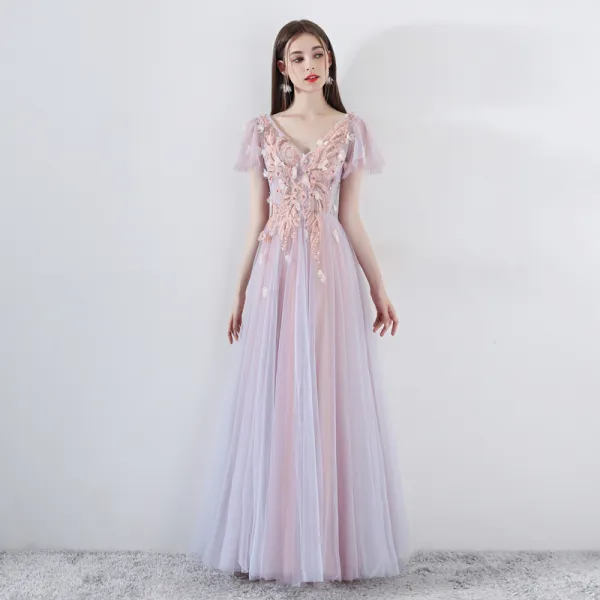 Romantic Pearl Pink Prom Dresses 2019 A-Line / Princess V-Neck Short Sleeve Appliques Lace Beading Floor-Length / Long Ruffle Backless Formal Dresses