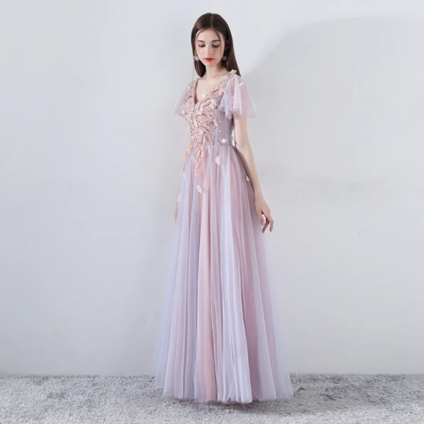 Romantic Pearl Pink Prom Dresses 2019 A-Line / Princess V-Neck Short Sleeve Appliques Lace Beading Floor-Length / Long Ruffle Backless Formal Dresses