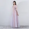 Romantic Pearl Pink Prom Dresses 2019 A-Line / Princess V-Neck Short Sleeve Appliques Lace Beading Floor-Length / Long Ruffle Backless Formal Dresses