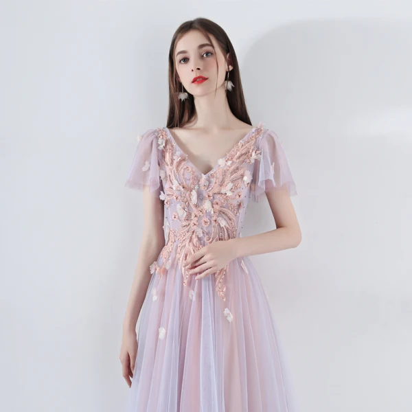Romantic Pearl Pink Prom Dresses 2019 A-Line / Princess V-Neck Short Sleeve Appliques Lace Beading Floor-Length / Long Ruffle Backless Formal Dresses