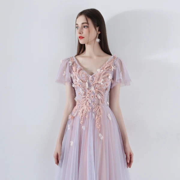 Romantic Pearl Pink Prom Dresses 2019 A-Line / Princess V-Neck Short Sleeve Appliques Lace Beading Floor-Length / Long Ruffle Backless Formal Dresses