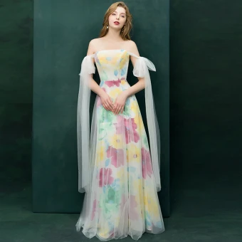Colored Multi Colors Evening Dresses 2019 A Line Princess Off The Shoulder Short Sleeve Printing Flower Floor Length Long Ruffle Backless Formal Dresses