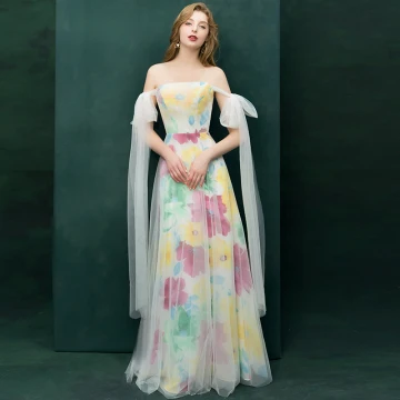 Colored Multi Colors Evening Dresses 2019 A Line Princess Off The Shoulder Short Sleeve Printing Flower Floor Length Long Ruffle Backless Formal Dresses