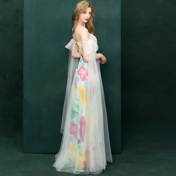 Farbig Multifarben Abendkleider 2019 A Linie Off Shoulder Kurze Ärmel Drucken Blumen Lange Rüschen Rückenfreies Festliche Kleider