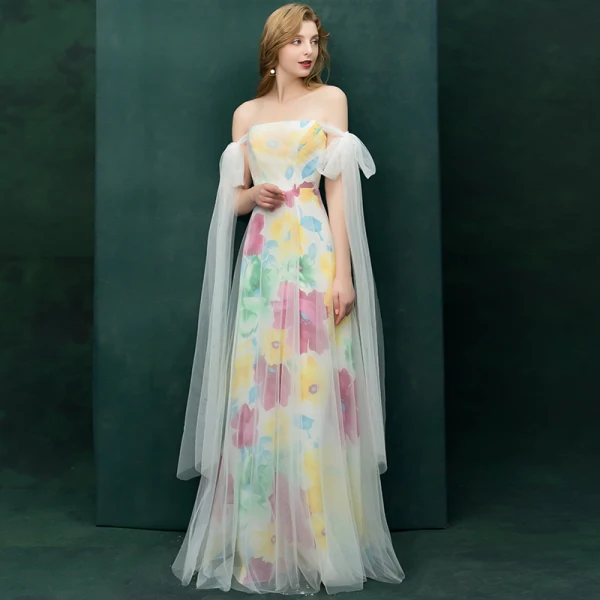Farbig Multifarben Abendkleider 2019 A Linie Off Shoulder Kurze Ärmel Drucken Blumen Lange Rüschen Rückenfreies Festliche Kleider