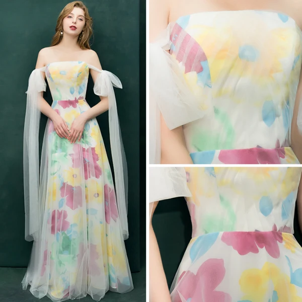 Farbig Multifarben Abendkleider 2019 A Linie Off Shoulder Kurze Ärmel Drucken Blumen Lange Rüschen Rückenfreies Festliche Kleider