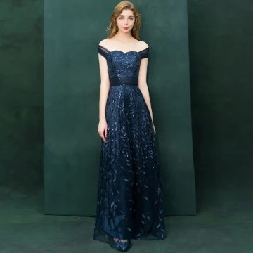 Elegant Navy Blue Evening Dresses 2019 A Line Princess Off The Shoulder Short Sleeve Appliques Lace Sequins Floor Length Long Ruffle Backless Formal Dresses