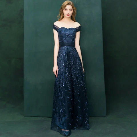Elegant Navy Blue Evening Dresses  2019 A-Line / Princess Off-The-Shoulder Short Sleeve Appliques Lace Sequins Floor-Length / Long Ruffle Backless Formal Dresses