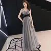 Chic / Beautiful Grey Evening Dresses  2019 A-Line / Princess V-Neck Sleeveless Spotted Tulle Sash Floor-Length / Long Ruffle Backless Formal Dresses