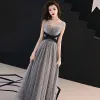 Chic / Beautiful Grey Evening Dresses  2019 A-Line / Princess V-Neck Sleeveless Spotted Tulle Sash Floor-Length / Long Ruffle Backless Formal Dresses