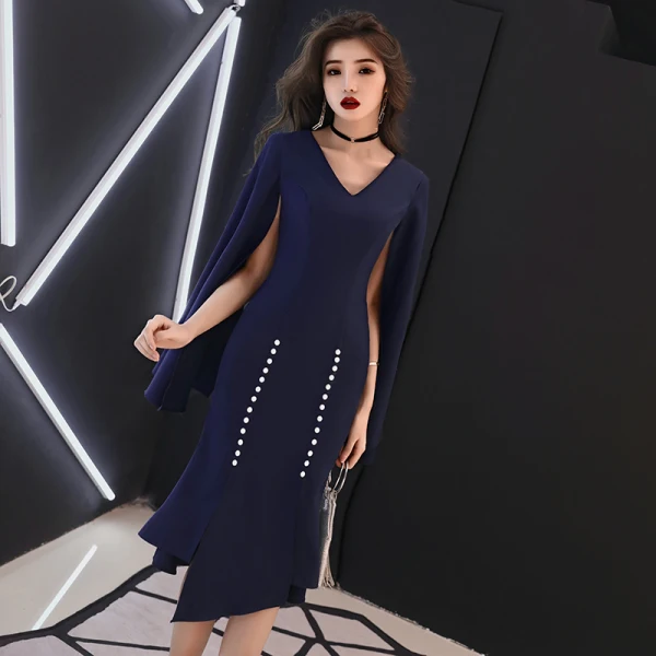 Modest / Simple Navy Blue Evening Dresses 2019 V-Neck Long Sleeve Split Front Asymmetrical Ruffle Formal Dresses