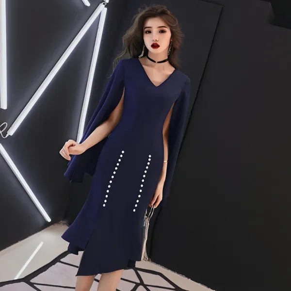 Modest / Simple Navy Blue Evening Dresses  2019 V-Neck Long Sleeve Split Front Asymmetrical Ruffle Formal Dresses