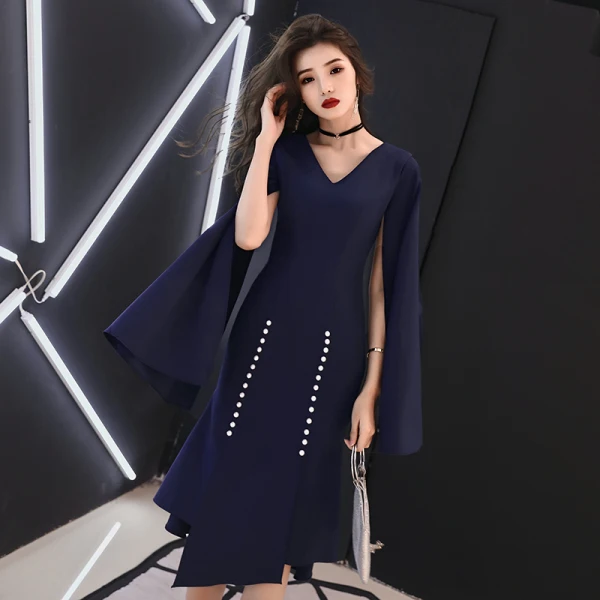 Simple Bleu Marine Robe De Soirée 2019 V-Cou Manches Longues Fendue devant Asymétrique Volants Robe De Ceremonie