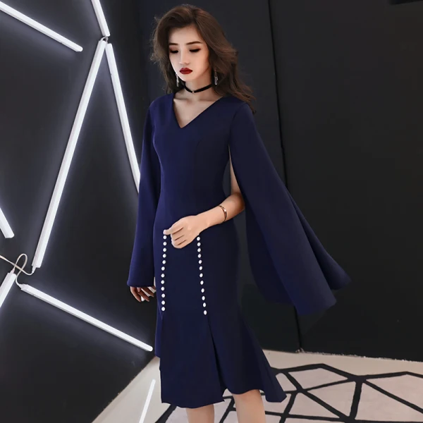 Simple Bleu Marine Robe De Soirée 2019 V-Cou Manches Longues Fendue devant Asymétrique Volants Robe De Ceremonie