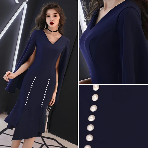 Simple Bleu Marine Robe De Soirée 2019 V-Cou Manches Longues Fendue devant Asymétrique Volants Robe De Ceremonie