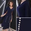 Simple Bleu Marine Robe De Soirée 2019 V-Cou Manches Longues Fendue devant Asymétrique Volants Robe De Ceremonie