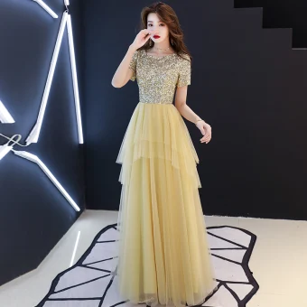 Abordable Doré Paillettes Robe De Soirée 2019 Princesse Encolure Dégagée Manches Courtes Longue Volants En Cascade Robe De Ceremonie
