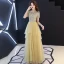 Affordable Gold Sequins Evening Dresses  2019 A-Line / Princess Scoop Neck Short Sleeve Floor-Length / Long Cascading Ruffles Formal Dresses