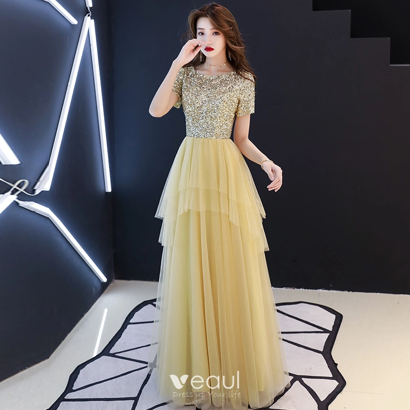 Affordable Gold Sequins Evening Dresses 2019 A-Line / Princess Scoop Neck Short Sleeve Floor-Length / Long Cascading Ruffles Formal Dresses Affordable Gold Sequins Evening Dresses 2019 A-Line / Princess Scoop Neck Short Sleeve Floor-Length / Long Cascading Ruffles Formal Dresses