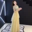 Affordable Gold Sequins Evening Dresses  2019 A-Line / Princess Scoop Neck Short Sleeve Floor-Length / Long Cascading Ruffles Formal Dresses