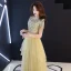 Affordable Gold Sequins Evening Dresses  2019 A-Line / Princess Scoop Neck Short Sleeve Floor-Length / Long Cascading Ruffles Formal Dresses