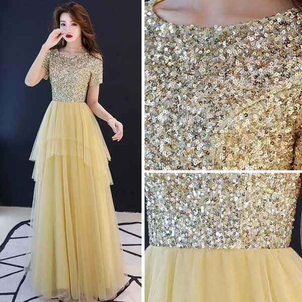 Affordable Gold Sequins Evening Dresses 2019 A-Line / Princess Scoop Neck Short Sleeve Floor-Length / Long Cascading Ruffles Formal Dresses