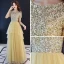 Affordable Gold Sequins Evening Dresses  2019 A-Line / Princess Scoop Neck Short Sleeve Floor-Length / Long Cascading Ruffles Formal Dresses