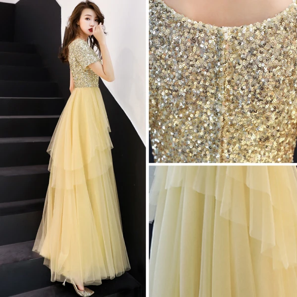 Affordable Gold Sequins Evening Dresses 2019 A-Line / Princess Scoop Neck Short Sleeve Floor-Length / Long Cascading Ruffles Formal Dresses