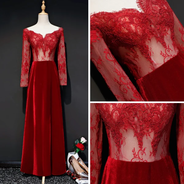 Illusion Burgundy See-through Suede Evening Dresses 2019 Sheath / Fit V-Neck Long Sleeve Floor-Length / Long Ruffle Backless Formal Dresses