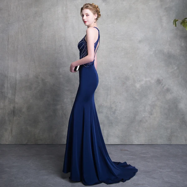 Luxury / Gorgeous Royal Blue Evening Dresses 2018 Trumpet / Mermaid Scoop Neck Strapless Sleeveless Beading Court Train Ruffle Backless Formal Dresses