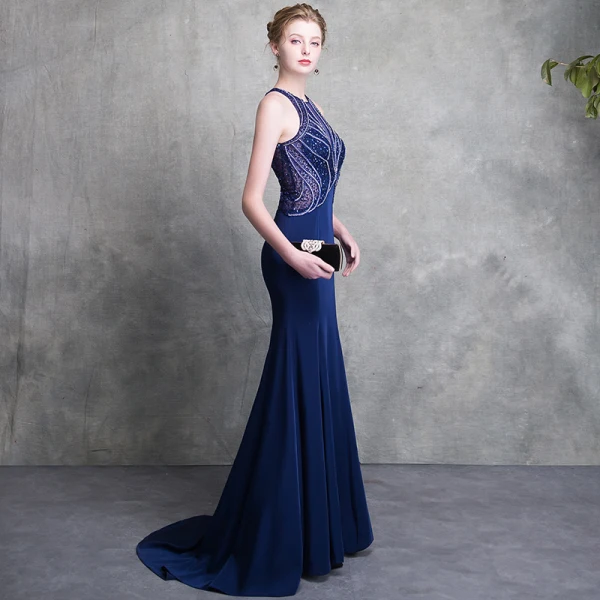 Luxury / Gorgeous Royal Blue Evening Dresses 2018 Trumpet / Mermaid Scoop Neck Strapless Sleeveless Beading Court Train Ruffle Backless Formal Dresses